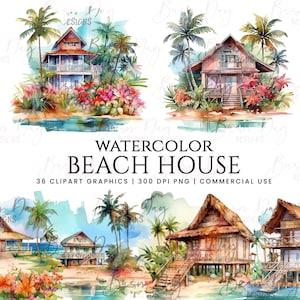 36 Watercolor beach house clipart bundle, digital download, digital planner, instant download, watercolor clipart, commercial use,