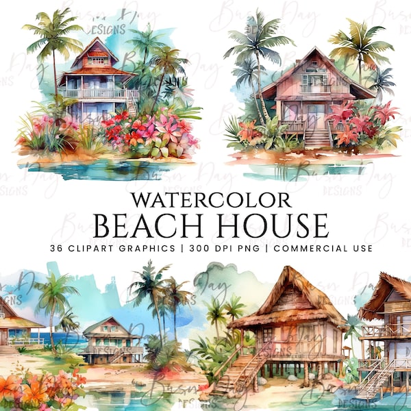 Watercolor beach house clipart bundle, digital download, digital planner, instant download, watercolor clipart, commercial use,