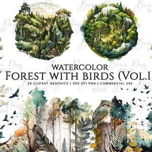 Ensemble de 26 cliparts aquarelle forêt avec oiseaux, téléchargement numérique, agenda numérique, téléchargement immédiat, clipart aquarelle, usage commercial,