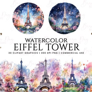 30 cliparts aquarelle tour Eiffel, lot de cliparts, usage commercial, téléchargement numérique, téléchargement immédiat, agenda numérique,