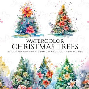 Watercolor Christmas Tree clipart bundle, digital download, digital planner, instant download, watercolor clipart, commercial use,