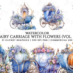 21 水彩画の妖精の馬車と花 Vol 2 クリップアート バンドル、デジタル ダウンロード、デジタル プランナー、インスタント ダウンロード、水彩画のクリップアート、