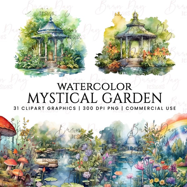 Watercolor Mystical Garden clipart bundle, digital download, digital planner, digital prints, instant download, watercolor clipart,