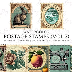 30 Paquete de imágenes prediseñadas Vol2 de sellos postales vintage de acuarela, descarga digital, planificador digital, imágenes prediseñadas de acuarela, uso comercial,