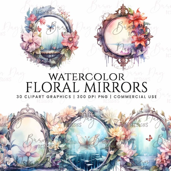 Watercolor Floral Mirror Clipart bundle, commercial use, digital download, instant download, digital planner,