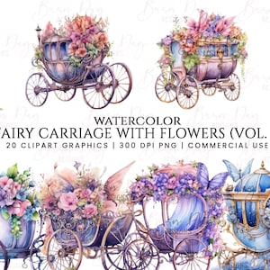 20 aquarel sprookjeskoets met bloemen clipartbundel, digitale download, digitale planner, instant download, aquarel clipart