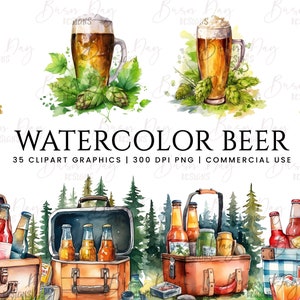 35 Watercolor beer clipart bundle, digital download, digital planner, instant download, watercolor clipart, commercial use,