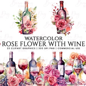 Watercolor Roses and Wine Clipart bundle , watercolor clipart, digital download, instant download, digital prints, commercial use