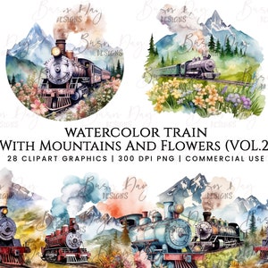 28 Tren de acuarela con montañas florales Vol 2 clipart, descarga digital, papel digital, planificador digital, uso comercial de descarga instantánea,