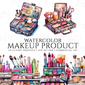 Paquete de 25 imágenes prediseñadas de productos de maquillaje de acuarela, Descarga digital, Planificador digital, Descarga instantánea, Imágenes prediseñadas de acuarela, Uso comercial,