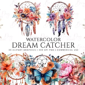 Pacchetto di 30 clipart Acquerello Dream Catcher, download digitale, pianificatore digitale, download istantaneo, clipart ad acquerello, uso commerciale,