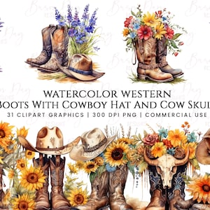 31 Watercolor western boots with cowboy hat & skull clipart, digital download, digital paper, digital planner, instant download, Png Files