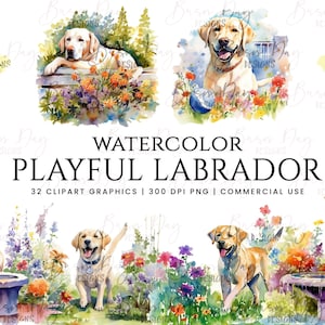 32 Watercolor playful Labrador clipart bundle, Watercolor Clipart, watercolor painting, Dogs Clipart, Digital Prints, digital download