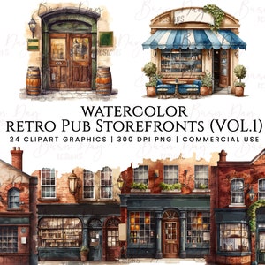 24 clipart de Watercolor retro Pub Storefronts, uso comercial, download digital, download instantâneo, planejador digital