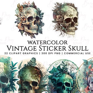 Aquarell Schädel Aufkleber: Vintage Floral Schädel Bündel (digitaler Download)
