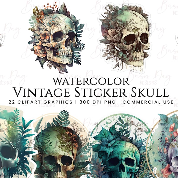 22 Watercolor Vintage Sticker Skull clipart , clipart bundle, commercial use, digital download, instant download,