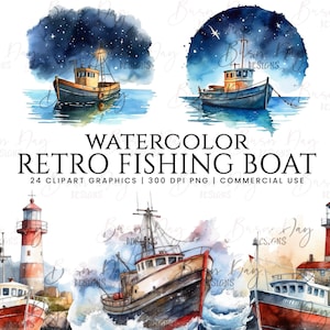 May include: A set of 24 watercolor clipart graphics featuring retro fishing boats. The illustrations include boats with red, blue, and white details, lighthouses, and ocean waves. The graphics are perfect for adding a nautical touch to your designs.