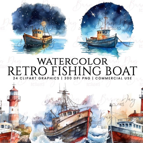 Watercolor retro fishing boat clipart bundle, commercial use, digital download, instant download, Watercolor Lighthouse Clipart