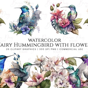 26 Colibri féerique aquarelle avec lot de cliparts floraux, téléchargement numérique, agenda numérique, téléchargement immédiat, clipart aquarelle