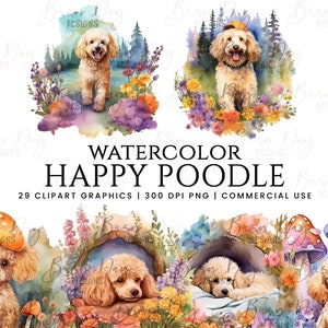 Watercolor Happy Poodle Clipart Bundle- Digital Download - Card Making, Clip Art, Digital Paper Craft, digital planner, instant download