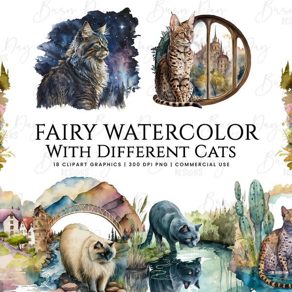 18 Fairy watercolor cats clipart bundle, Watercolor Clipart Digital Download, Instant download for commercial use