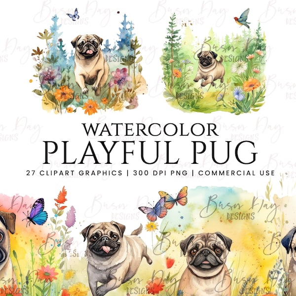 Watercolor playful Pug clipart bundle, Watercolor Clipart, watercolor painting, Dogs Clipart, Digital Prints, digital download