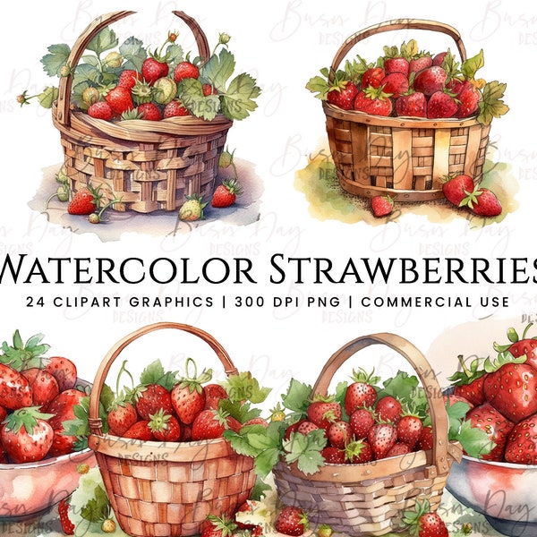 24 Watercolor Strawberries clipart , watercolor clipart, digital download, instant download, digital prints, commercial use