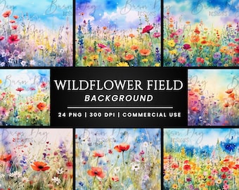 24 Watercolor Wildflowers Field Background Graphic bundle, digital download, instant download, discount clipart , digital scrapbooking,
