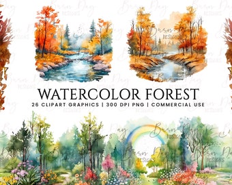 Watercolor Forest Clipart Bundle: 26 PNG Graphics (Digital Download)