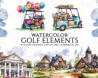 Watercolor Golf Clipart Bundle: 21 PNG Elements (Digital Download)