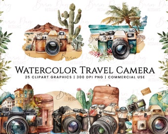 Watercolor Travel Camera Clipart: 25 PNG Graphics (Digital Download)