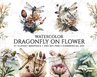 Watercolor Dragonfly Flower Clipart Bundle (Digital Download)