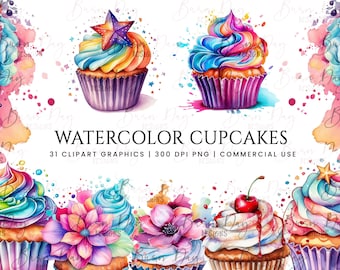 31 Watercolor Cupcake Clipart bundle , watercolor clipart, digital download, instant download, digital prints, commercial use