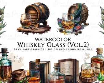 Watercolor Whiskey Glass Clipart: Vol 2, 24 PNG Graphics (Digital Download)