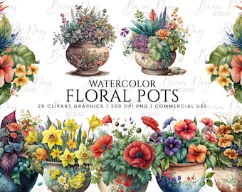 May include: A set of 26 watercolor clipart graphics featuring floral arrangements in various pots. The flowers are in shades of pink, purple, yellow, and blue, and the pots are decorated with floral patterns. The graphics are 300 DPI and are for commercial use.