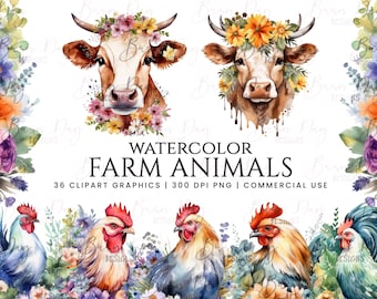 36 Watercolor Farm Animals Clipart bundle, clipart bundle, commercial use, digital download, instant download, digital planner