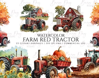 23 Watercolor Farm Red Tractor clipart, digital download, digital paper, digital planner, instant download, digital prints, commercial use,