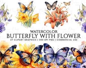 Clipart de mariposa y flor en acuarela: 27 gráficos PNG (descarga digital)