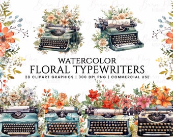 28 Watercolor Floral Typewriter Clipart bundle, commercial use, digital download, instant download, digital planner, digital prints