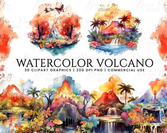 Watercolor Volcano Clipart Bundle: Tropical PNG Graphics (Digital Download)