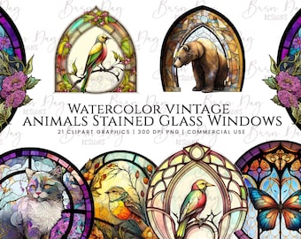 Aquarell Tiere Glasmalerei Clipart: Vintage Fensterbilder (digitaler Download)