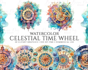 28 Watercolor Celestial time Wheel clipart Bundle, digital download, digital planner, digital prints, instant download, watercolor clipart,