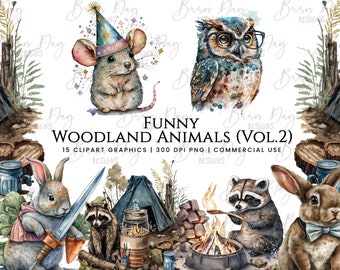 May include: A set of 15 digital illustrations featuring woodland animals in a whimsical camping scene. The illustrations include a raccoon, owl, rabbit, and mouse, all with cartoonish features. The illustrations are perfect for creating greeting cards, invitations, or scrapbooking projects.