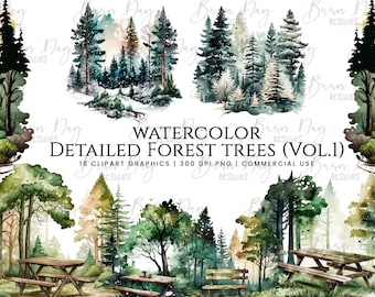 Watercolor Forest Trees Clipart Bundle: Commercial Use (Digital Download)