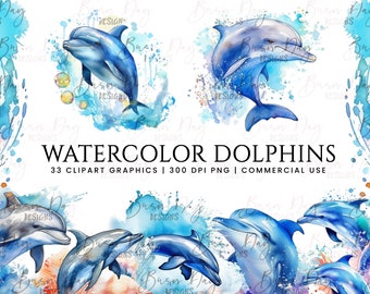 Watercolor Dolphins Clipart Bundle (Digital Download)