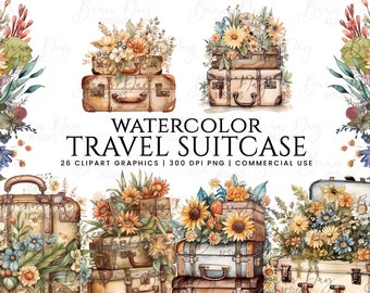 26 Watercolor travel suitcase Clipart  bundle, commercial use, digital download, instant download, digital planner,