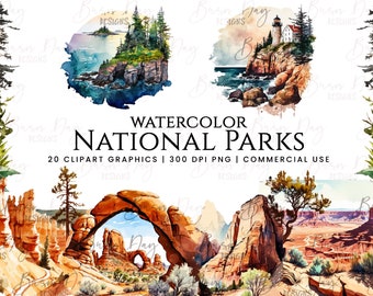 20 Watercolor National Parks clipart, digital download, digital planner, digital prints, instant download, watercolor clipart,