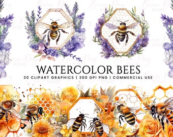 Watercolor Bees Clipart Bundle: 30 PNG Designs (Digital Download)