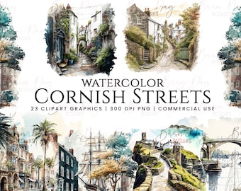 Watercolor Cornish Street Clipart: 23 PNG Graphics (Digital Download)