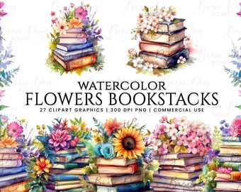 Watercolor Flowers Bookstacks Clipart Bundle (Digital Download)